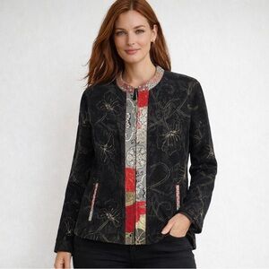 Chico’s Vintage Silk Blend Asian Inspired Floral Embroidered ZipUp Jacket Size 2